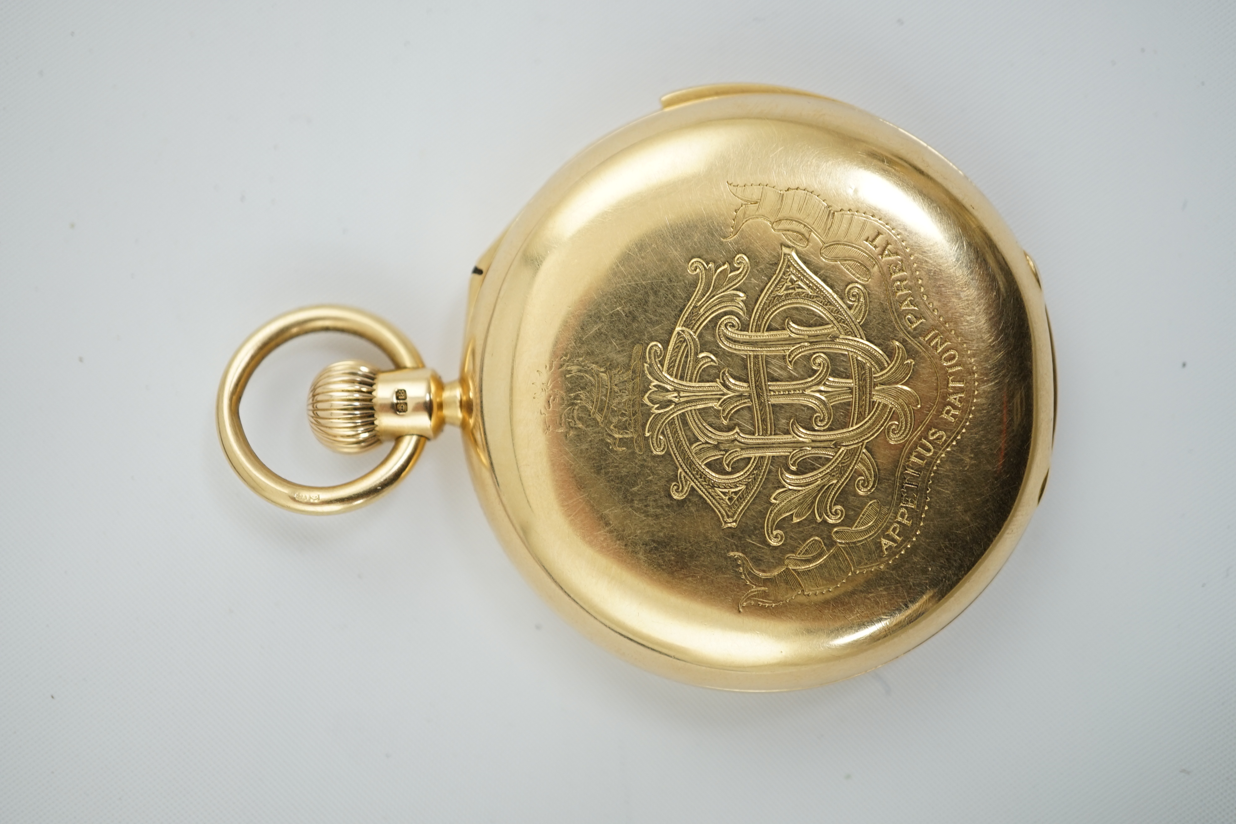 A George V 18ct gold hunter minute repeating lever pocket watch, by Ashley & Sims of Clerkenwell